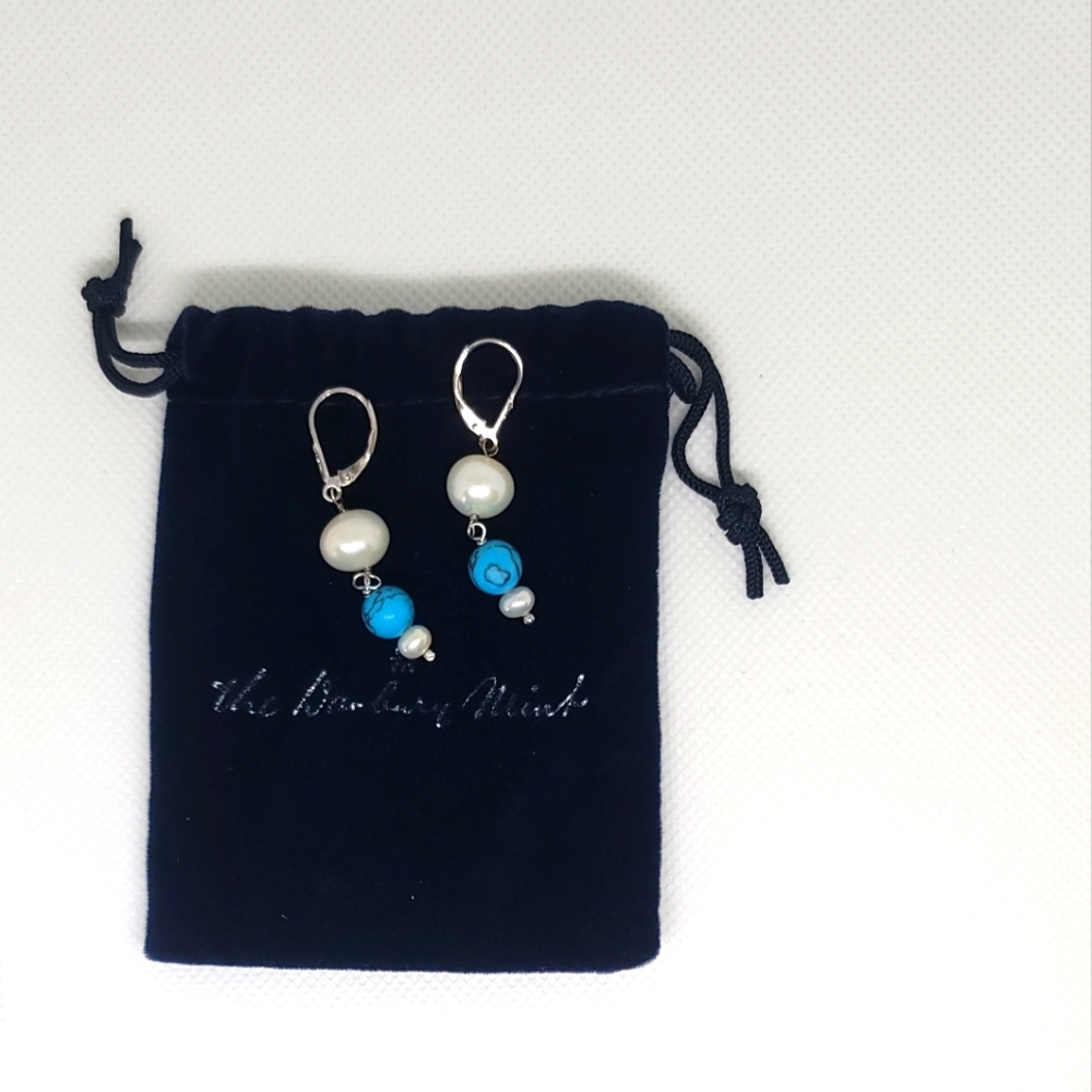 Danbury Mint Pearl & Turqoise Bead Sterling Silver Earrings